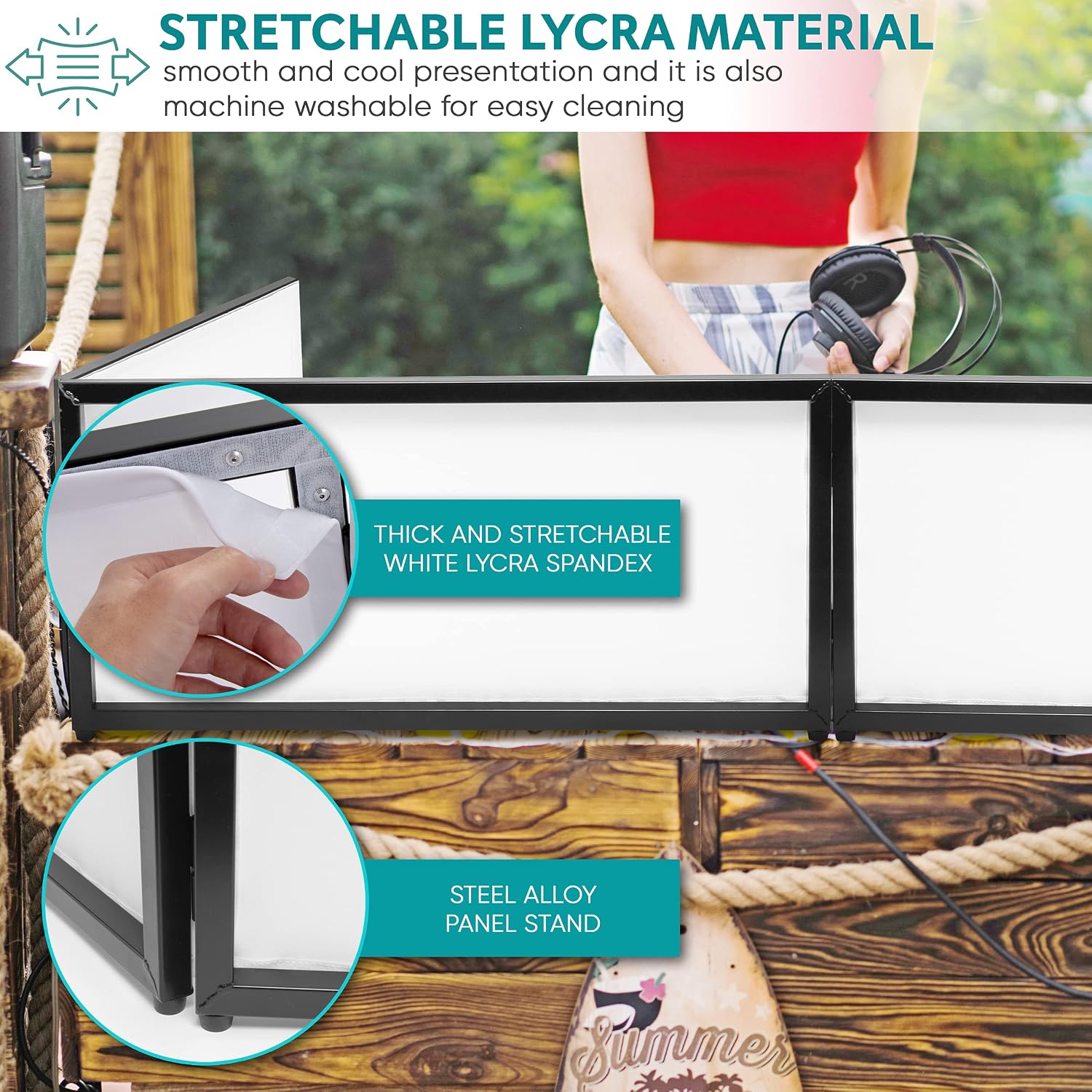 Pyle DJ Booth Foldable Cover Screen - Portable 5.6 ft Tabletop Event Facade Front Board Video Light Projector Display Scrim Panel -Folding Steel Frame Panel Stand, Stretchable Lycra Spandex PDJFAC02