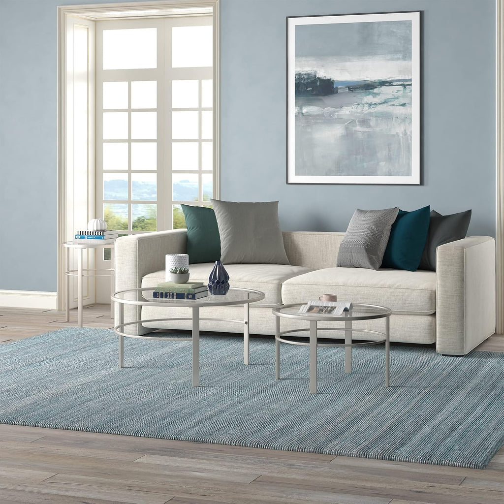 Henn&Hart Round Nested Coffee Table in Satin Nickel, Modern coffee tables for living room, studio apartment essentials, 36' Wide