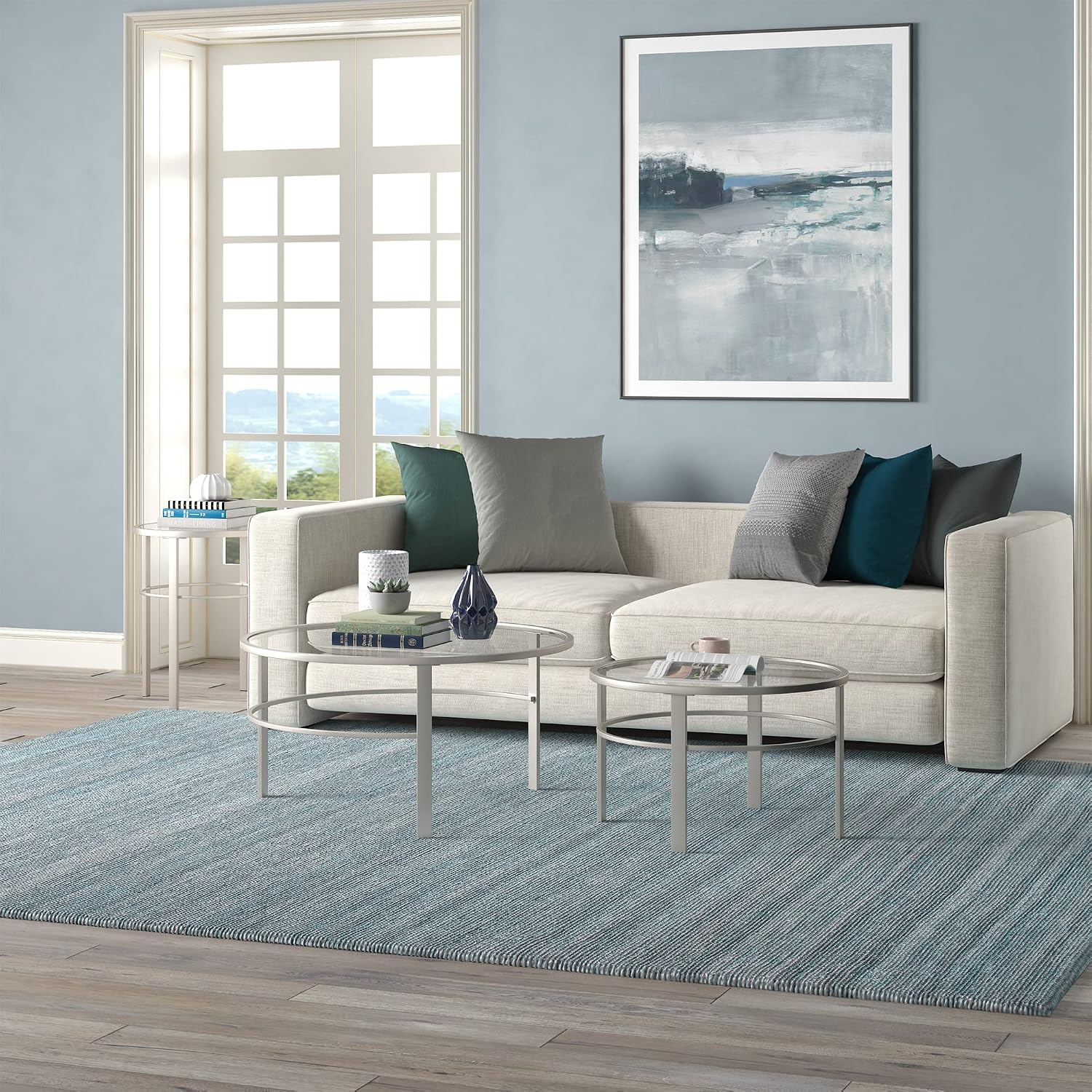 Henn&Hart Round Nested Coffee Table in Satin Nickel, Modern coffee tables for living room, studio apartment essentials, 36' Wide