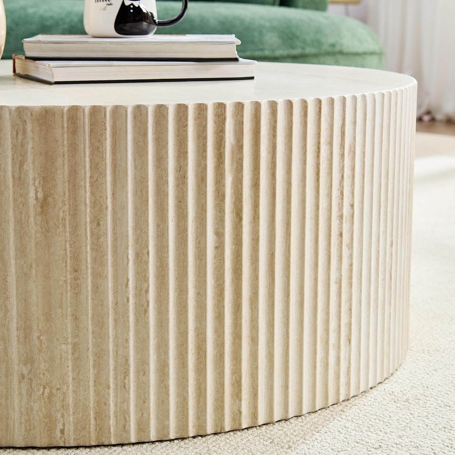 Faux Travertine Round Coffee Table, 35' Modern Relief Design Coffee Table Center Table for Living Room, Travertine, No Assembly Needed