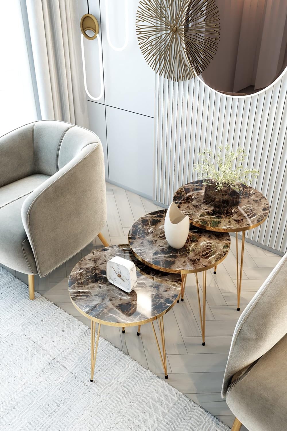 Set of 3 Nesting End Tables Round Wood Stacking Coffee Side Accent Sofa Table with Metal Legs for Living Room, Home Office, Nightstands for Bedroom (Brown Marble/Gold)