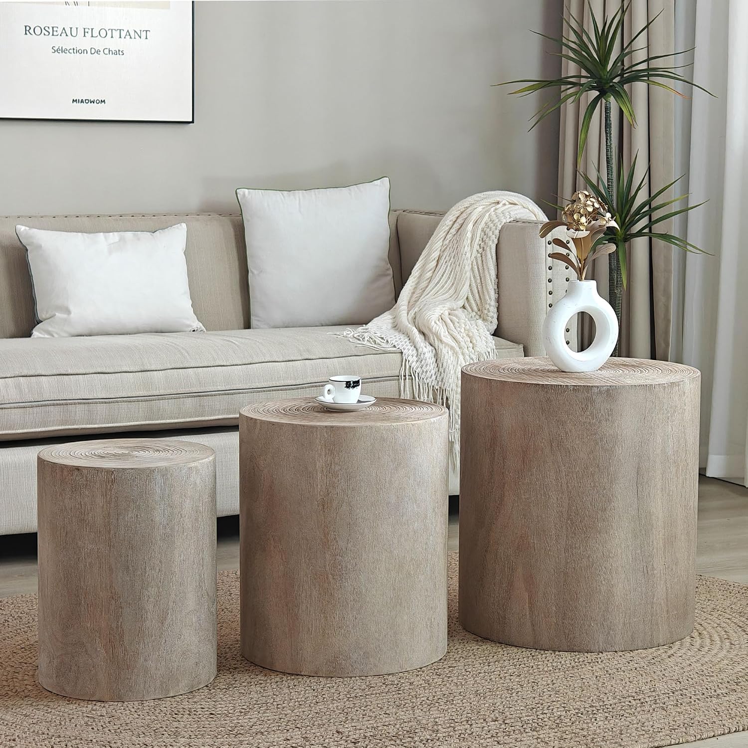 KEVINSPACE Living Room Coffee Table Set of 3, Includes ø18.3 Round Modern Coffee Table, ø15.2'' Drum End Table, ø12.2 Side Table, Round 3-Piece Occasional Table Set Circle Wood Coffee Table