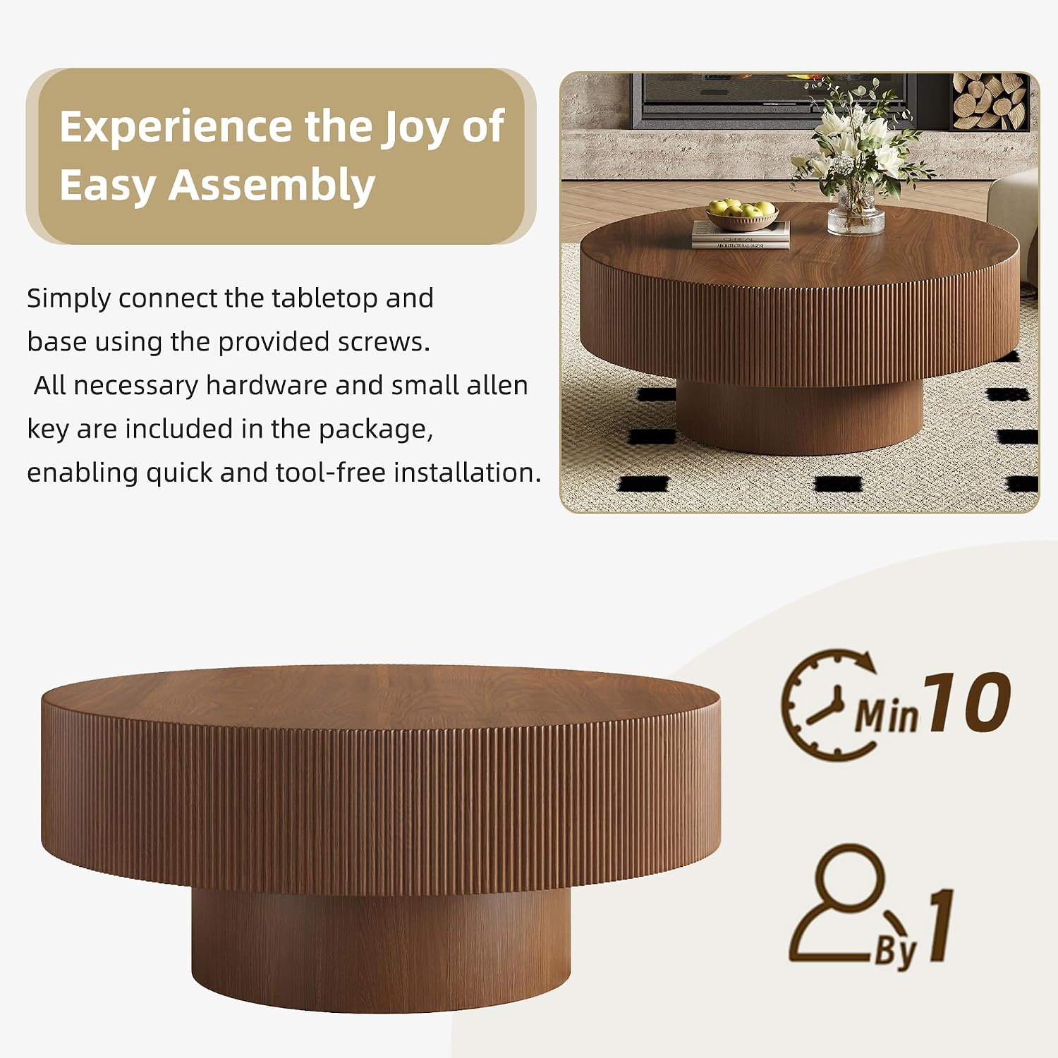 31.5' Round Coffee Table Mid Century Walnut Wood Fluted Coffee Tables for Living Room Circle Drum Center Table Accent Cocktail Tea Living Room Tables for Apartment Home Office
