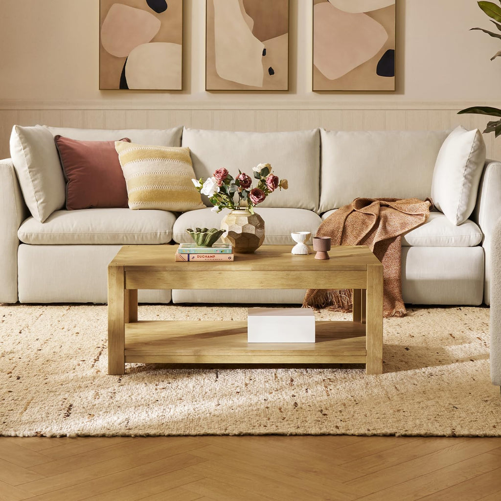 mopio Logan Solid Wood 2-Tier Rectangle Coffee Table, Modern Farmhouse Solid Rubberwood with Light Wire Brush L Shaped Leg Joint