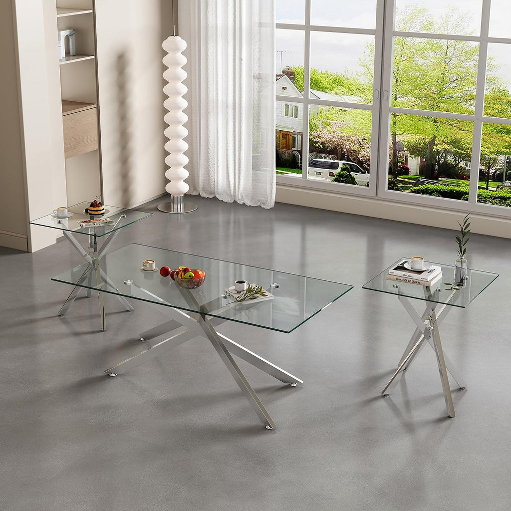 Glass Coffee Table Set of 3 Piece, Living Room Tables Set of 3 Pcs, Including 1 Coffee Table and 2 End Side Tables, Metal Frame, Tempered Glass, for Small Space, Apartment (Silver, W39.37' + W17.72')