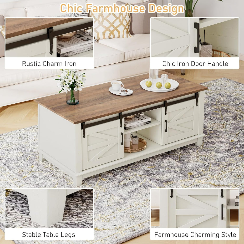LUXOAK Farmhouse Table Set of 3, Coffee Table with Sliding Barn Doors, End Tables Set of 2 with Charging Station for Living Room & Bedroom, Sliding Barn Doors, 2 Tiers Storage Drawer, Antique White