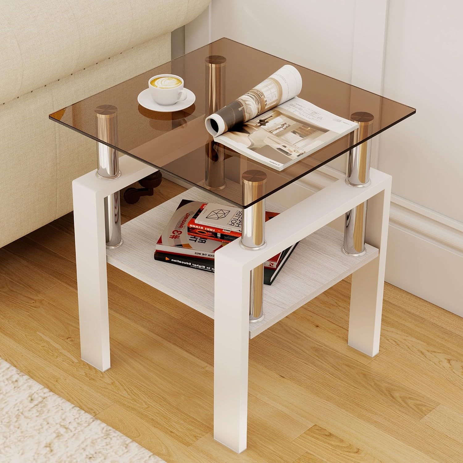 Glass Coffee Table Sets of 3 for Living Room, Mordern End Table Sofa Side Tables with Storage, White Metal Leg, Brown Glass Tabletop Rectangle Tempered Center Table Home Furniture Set