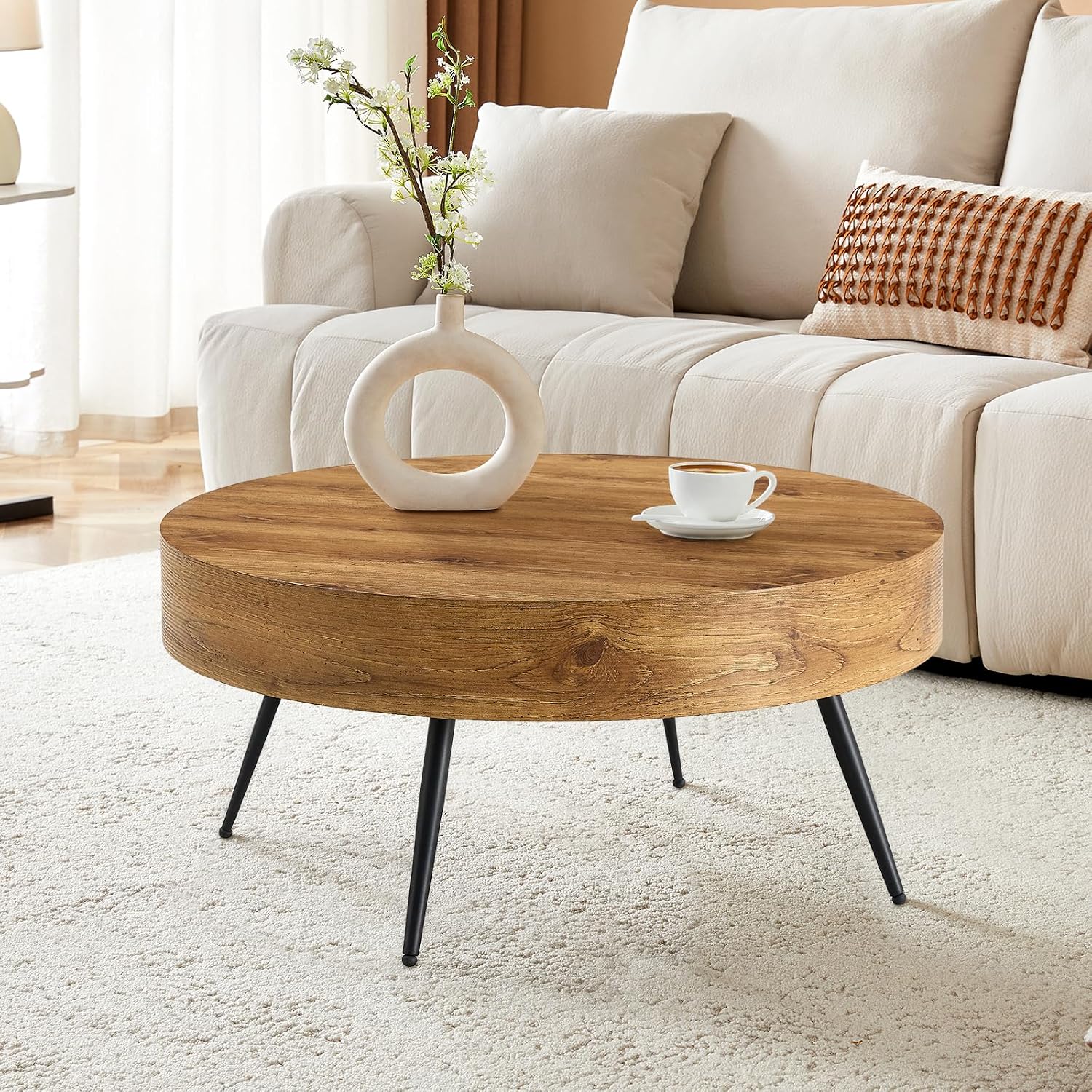 Round Coffee Table, Small Wood Coffee Table with Storage, Modern Mid Century Circle Tables Accent Center Tables for Living Room Apartment Small Space (31.5''D-Brown)