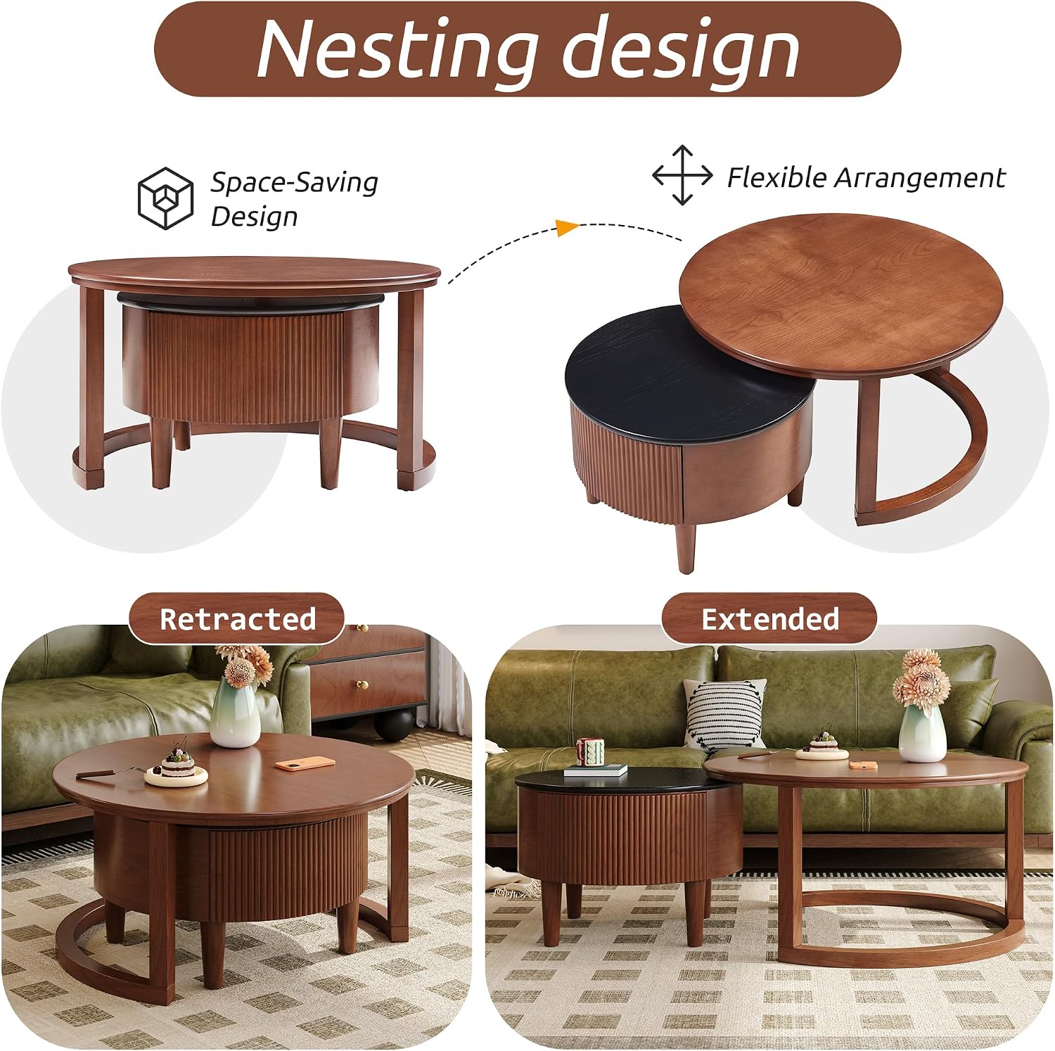 31.5' Vintage Round Nesting Coffee Table Fluted with Drawer,Black & Walnut