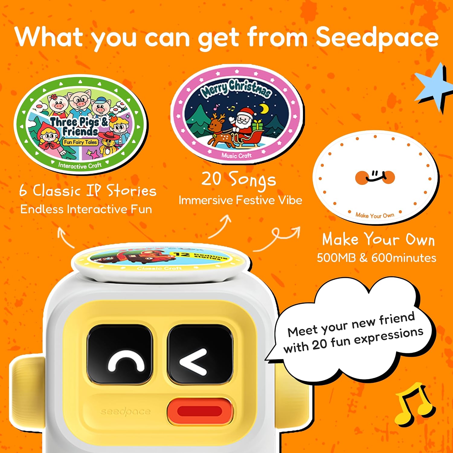 Kids Bluetooth Speaker & Story Machine: Portable Wireless Music Player with Interactive Expression, 3 Audio Cards (Christmas Songs, Fairy Story & Record Your Own), Gift for Kids Ages 5–8