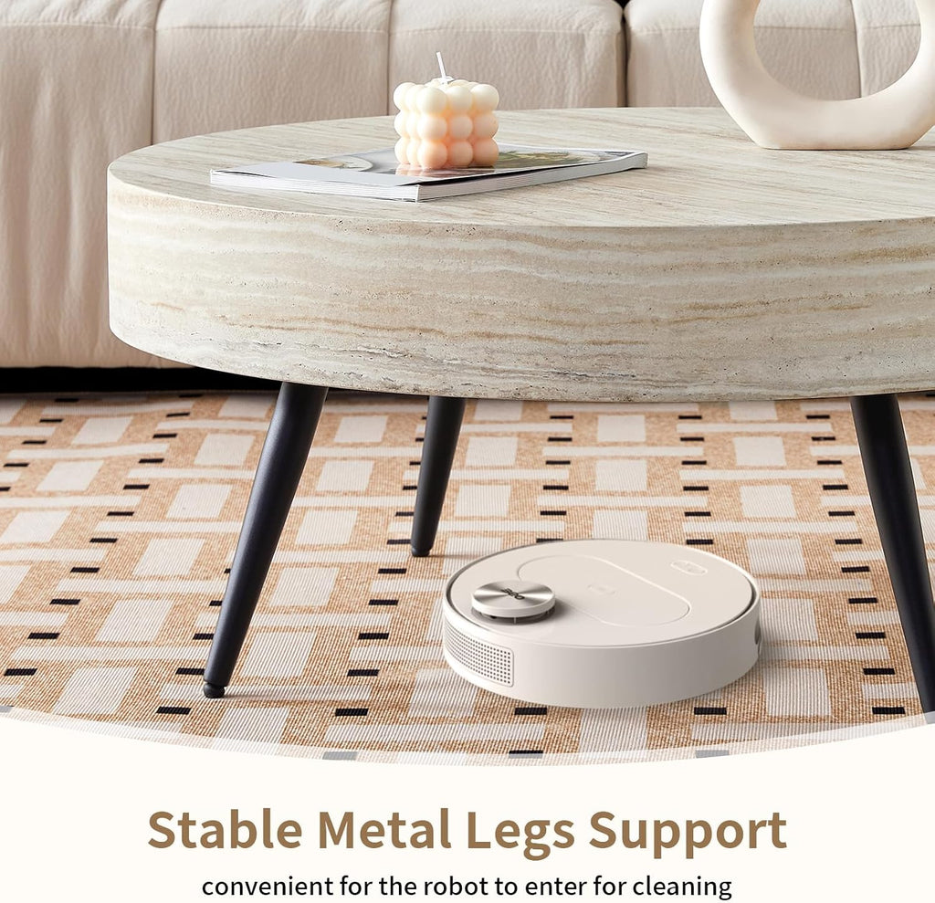 Round Coffee Table, Small Wood Stone Coffee Table with Storage, Modern Mid Century Circle Tables Accent Center Tables for Living Room Apartment Small Space (31.5''D-Stone Travertine Pattern)