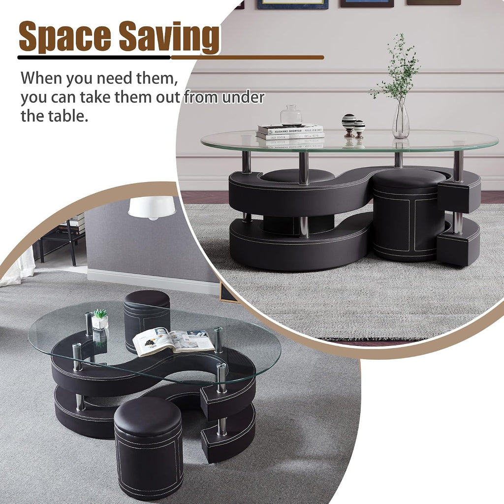 Glass Coffee Table Set with 2 Stools, 49' Oval Coffee Table with Tempered Glass Table Top and 2 Leather Stools, Modern Glass Center Table for Living Room, Home Office