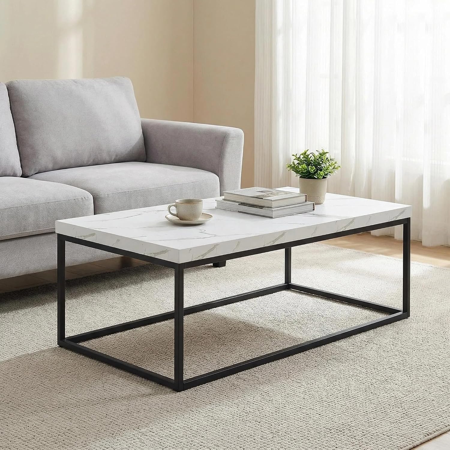 CENSI 47-Inch White Marble Coffee Table Ottoman Center Table for Living Room, Rectangle Modern Industrial Style,Wood and Metal (Marble)