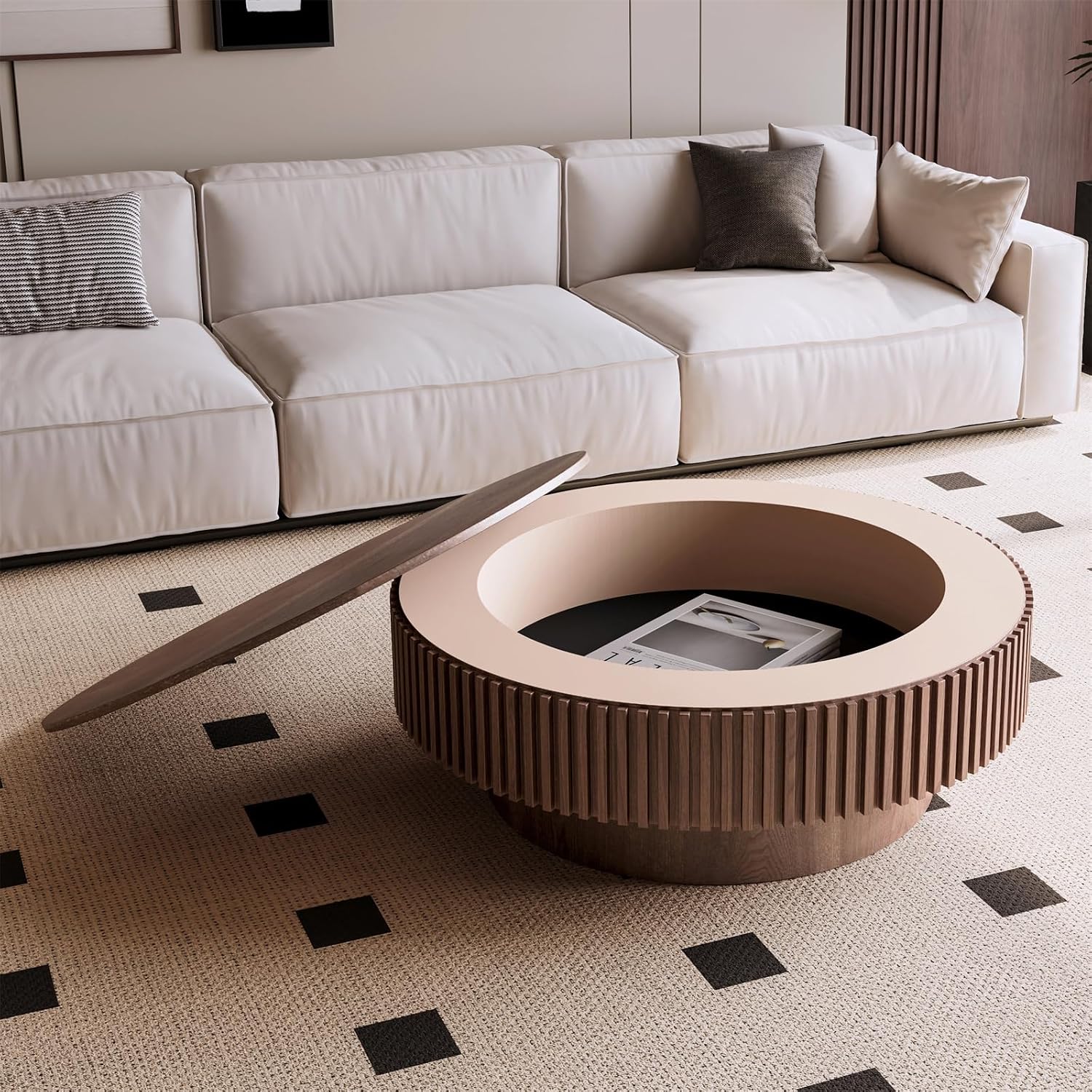 39.37'' Round Coffee Table for Living Room, Fluted Coffee Table with Hidden Storage, Solid Wood Veneered Circle Tea Table, Modern Tea Table for Small Space Apartment (Walnut)