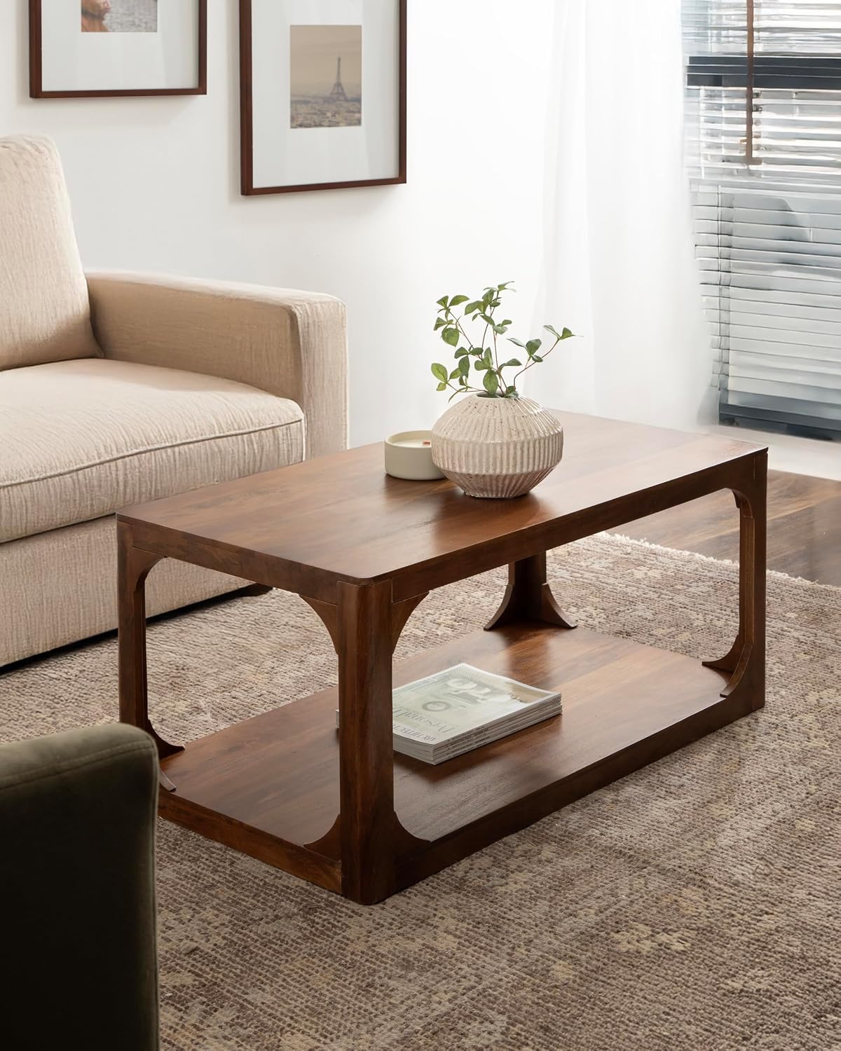 Kate and Laurel Dahl Transitional Rectangular Coffee Table; 36 x 20 x 18; Walnut Brown; Modern Rectangle Living Room Table with Solid Mango Wood Construction and Extra Underlying Storage