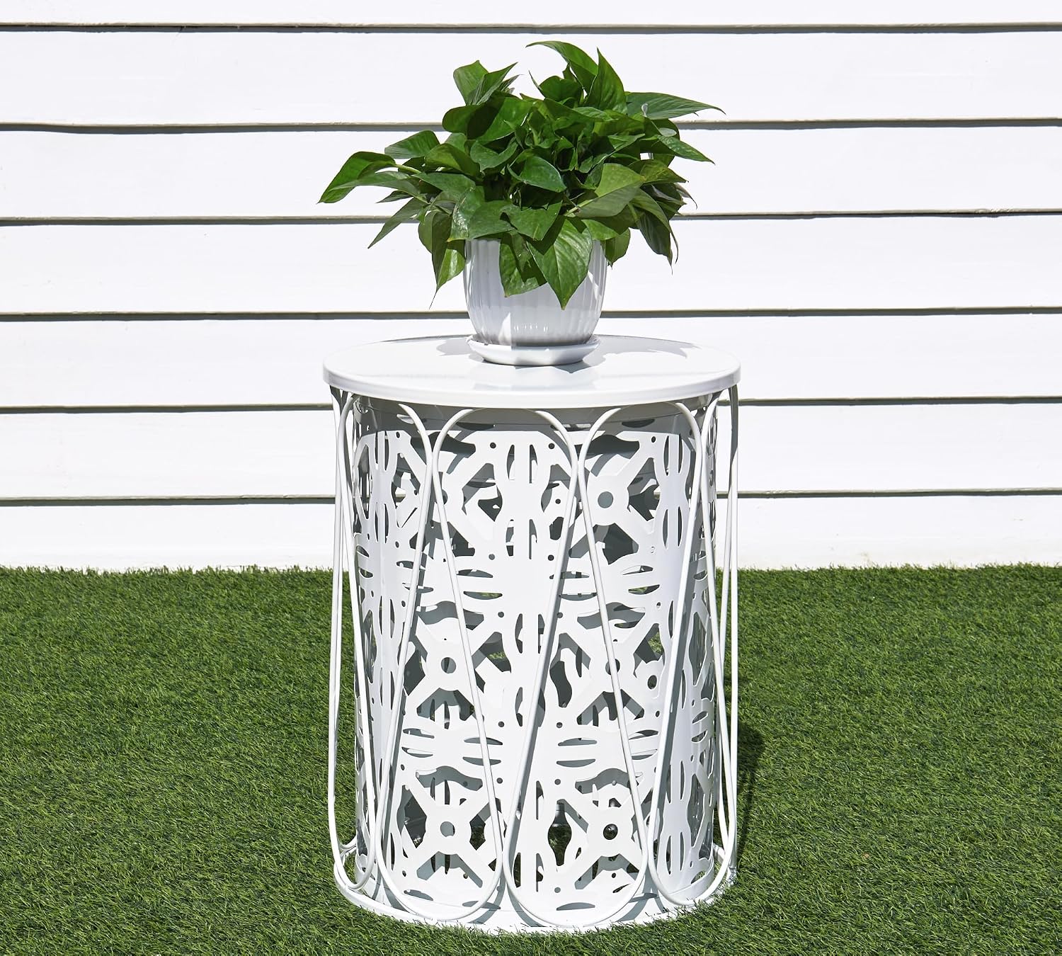 HFHOME Set of 3 Metal Outdoor Side Table, Nesting Round Coffee Table for Indoor Outdoor, Heavy Duty End Tables Plant Stand Living Room Garden Stool - White