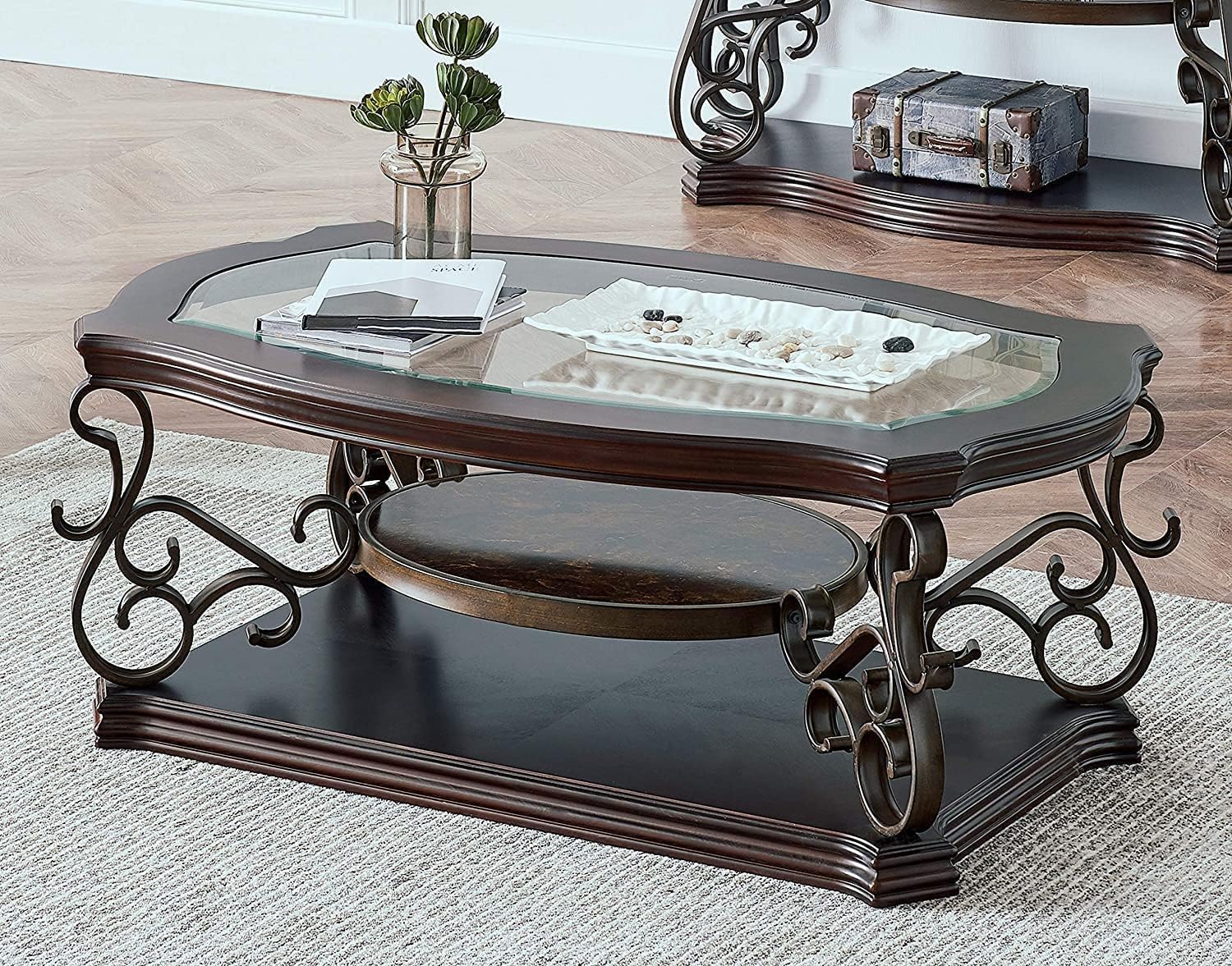 Mid Century 3 Piece Coffee Table Set, Retro Living Room Table Set of 3, Traditional 3-Tier Coffee Table, Console Table and End Table with Tempered Glass Top & Storage Shelf for Living Room