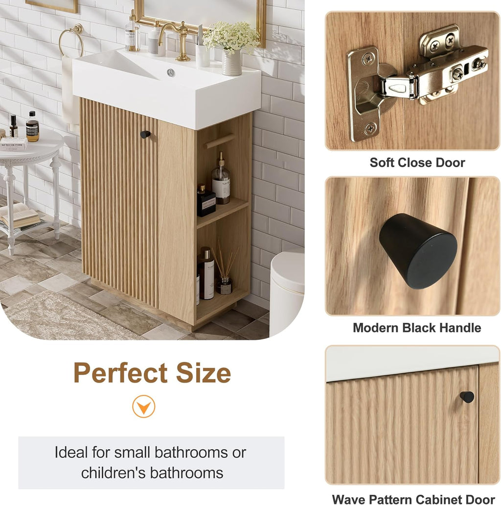 21.6' Modern Bathroom Vanity with Ceramic Sink - Freestanding Wood Grain Cabinet (MDF) with Left Door, Perfect Open/Closed Storage for Small Bathrooms!