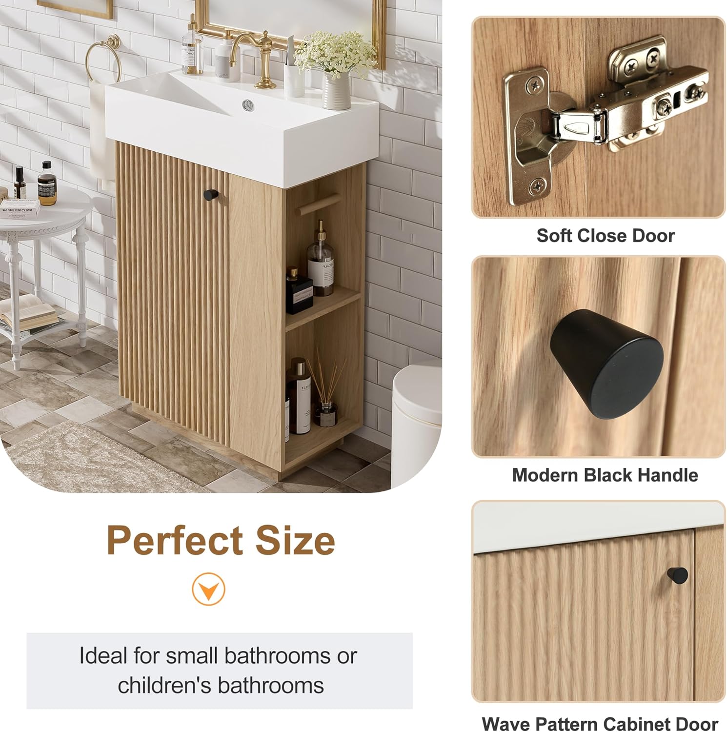 21.6' Modern Bathroom Vanity with Ceramic Sink - Freestanding Wood Grain Cabinet (MDF) with Left Door, Perfect Open/Closed Storage for Small Bathrooms!