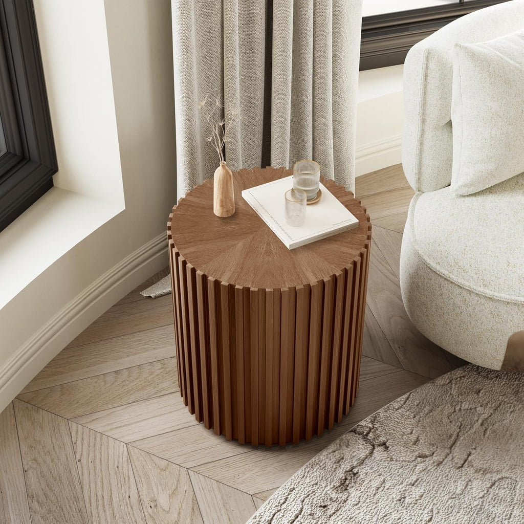 POVISON Round Coffee Side Table, Mid Century Wood End Table, Fluted Side Table for Living Room Bedroom Office, 20.08', Light Walnut