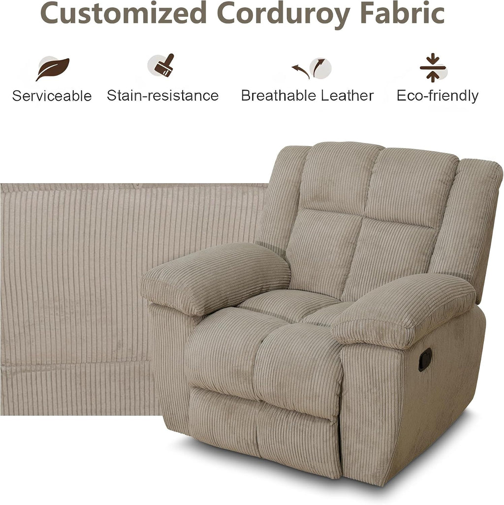 Corduroy Fabric Recliner Sofa Set, 3 Piece Living Room Furniture Set, Manual Reclining Couch Set for Home Theater with Cup Holders/Storage/Drop Down Table (Beige)