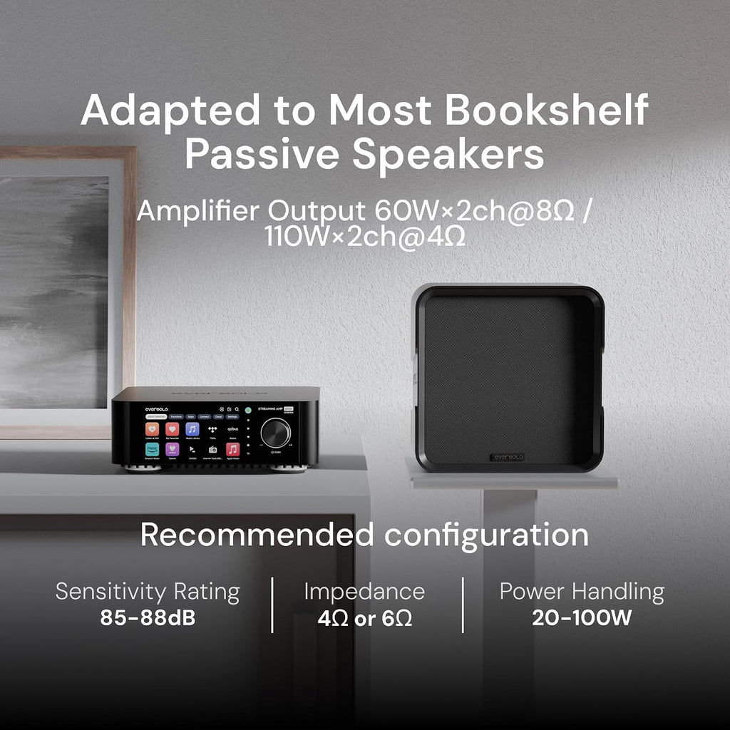 Eversolo Play | Music Streamer with DAC & Amplifier 60W×2ch(8Ω) / 110W×2ch(4Ω) | 5.5' LCD Touchscreen, Support Room Correction & Multi Room System, Stream Qobuz, Tidal&More | Black (CD Edition)