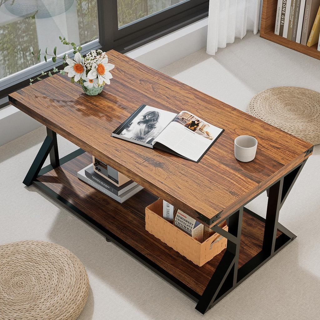 43 Inch Industrial Coffee Table, 2-Tier Rectangle Center Table with Storage Shelf, Wood and Metal Cocktail Table for Living Room, Rustic Brown
