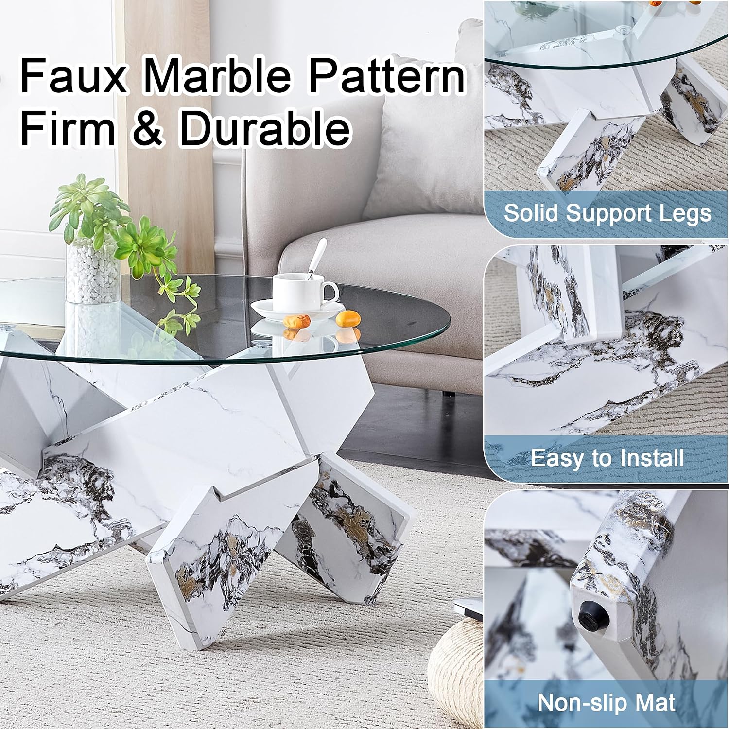 33.4'' Tempered Glass Round Coffee Table for Living Room, Modern Circle Coffee Table, Glass Tabletop & Wood Base, Easy Assembly, White