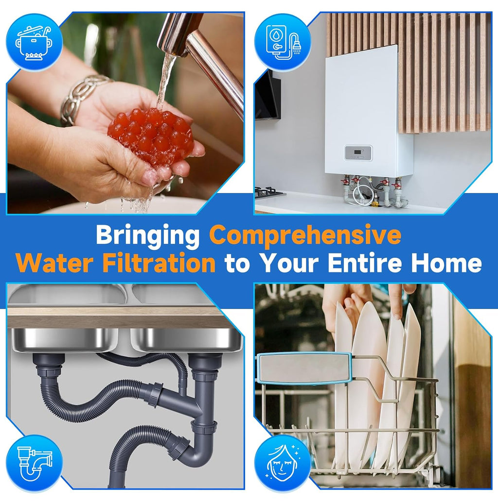 PUREPLUS 20-Inch 3-Stage Whole House Water Filter, Home Filtration System | Sediment, Granular Activated Carbon, Carbon Block Filters | Built-in Pressure Gauges, with Steel Stand Frame