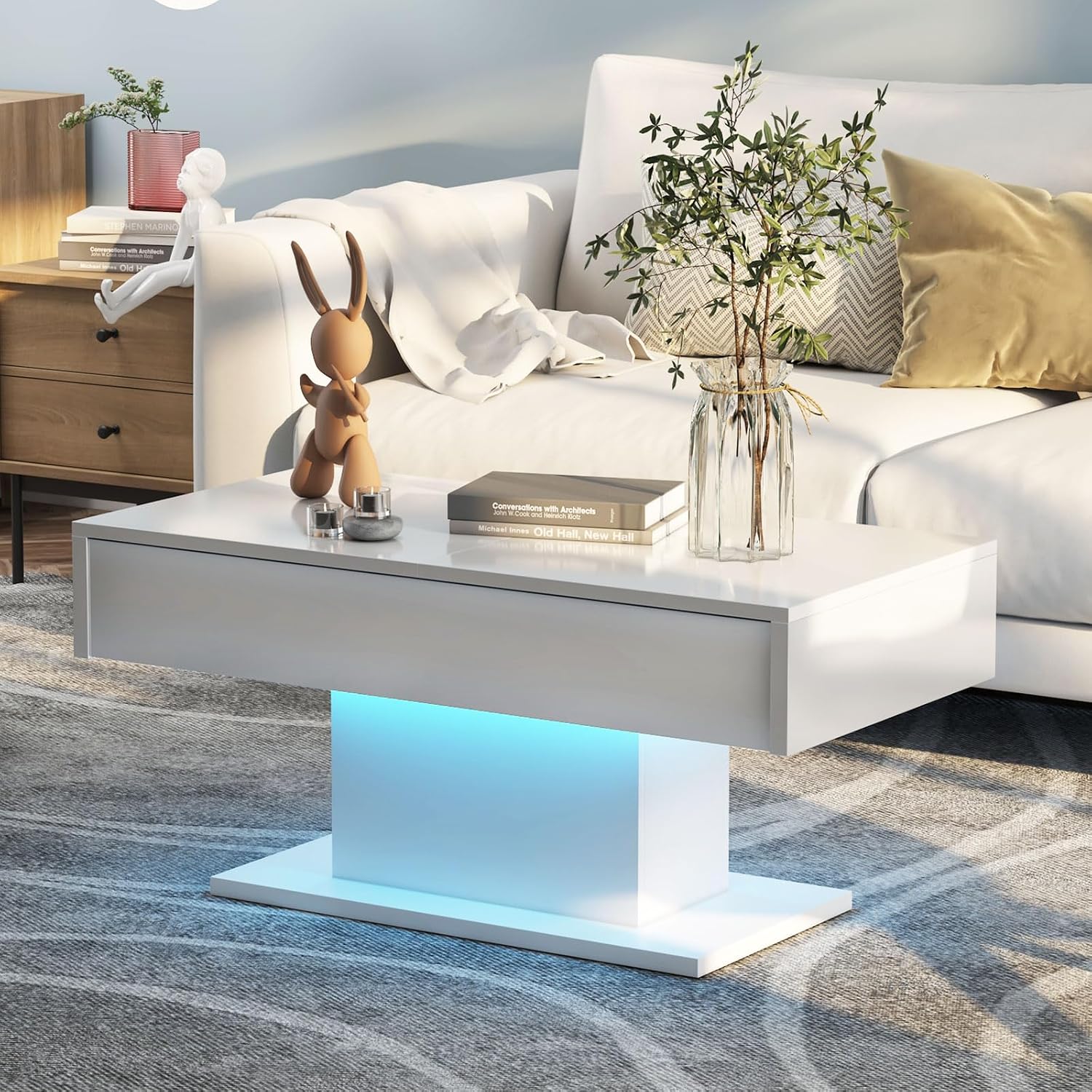 HedoAjim Led Coffee Table for Living Room, Living Room Table Rectangular Center Table, Modern High Glossy Wooden Coffee Tables with 16 Colors LED Lights for Dining Reception Room, Grey