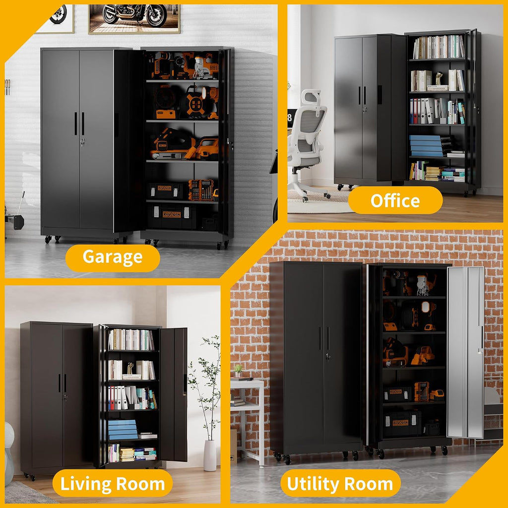 Metal Storage Cabinet with Wheels, 74.5' Garage Storage Cabinet with 4 Adjustable Shelves & Lockable Doors, Heavy Duty Garage Cabinets for Office, Home, Garage, Gym, School