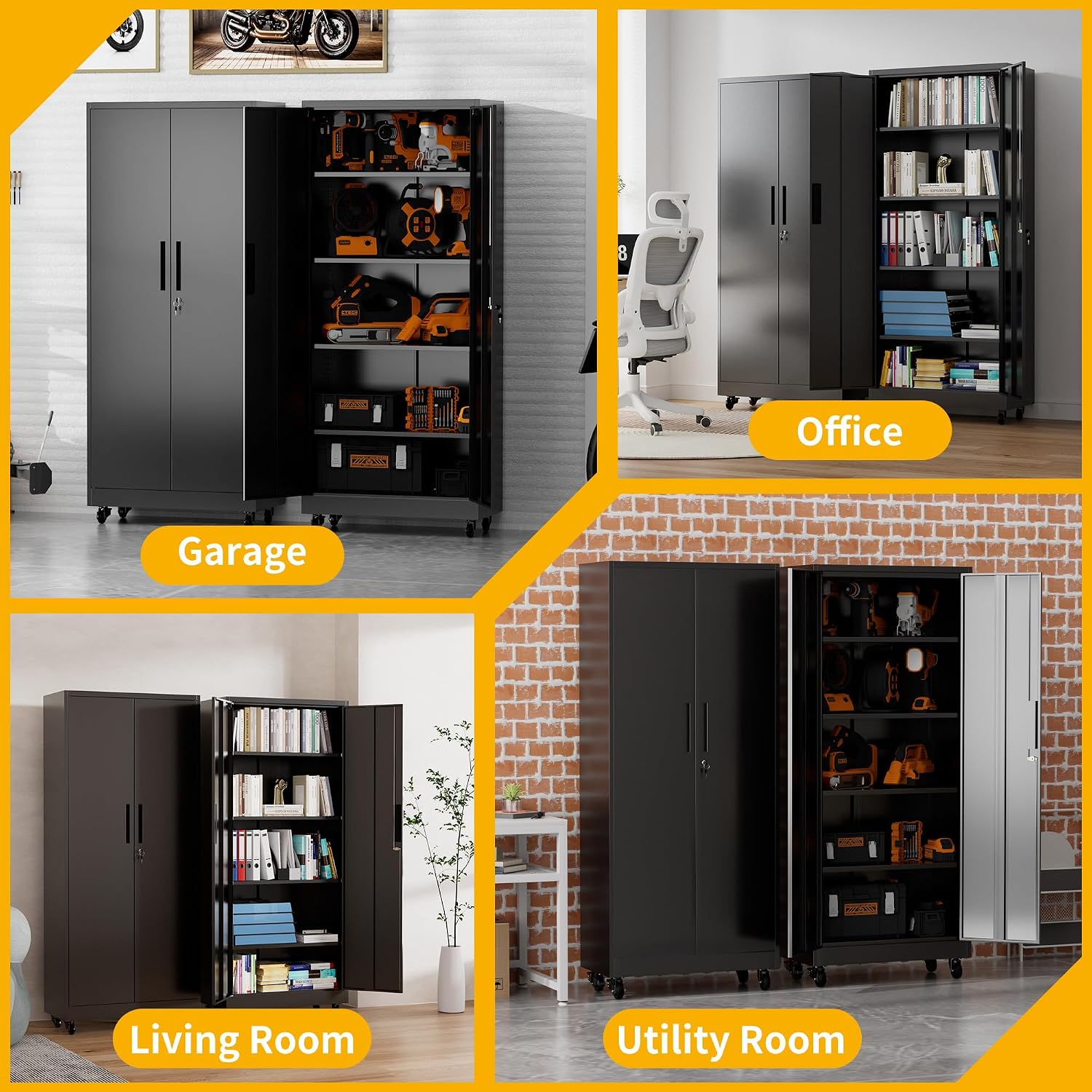 Metal Storage Cabinet with Wheels, 74.5' Garage Storage Cabinet with 4 Adjustable Shelves & Lockable Doors, Heavy Duty Garage Cabinets for Office, Home, Garage, Gym, School
