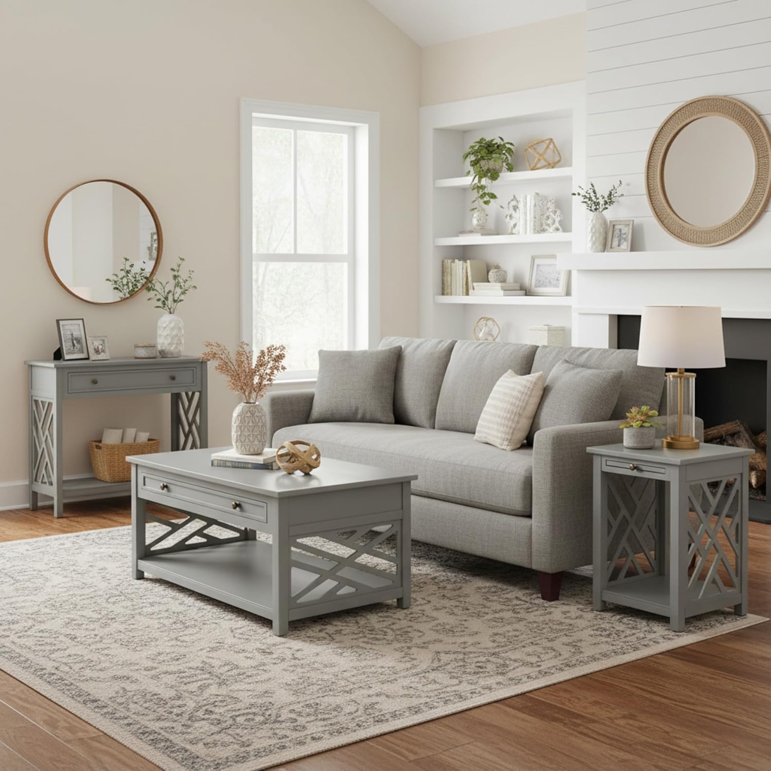 Alaterre Furniture Coventry 36' Coffee, End Tray and Console/TV Table, Set of 3, Grey