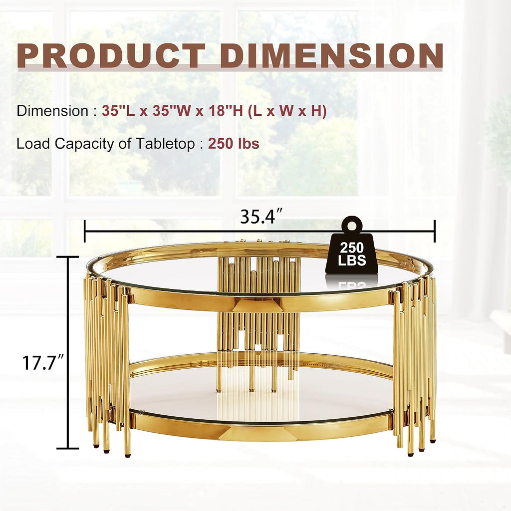 2-Tier Glass Coffee Table for Living Room, 35 inch Round Center Table with Tempered Glass Top and Stainless Steel Frame for Apartment, Home, Easy Assembly, Gold/Clear