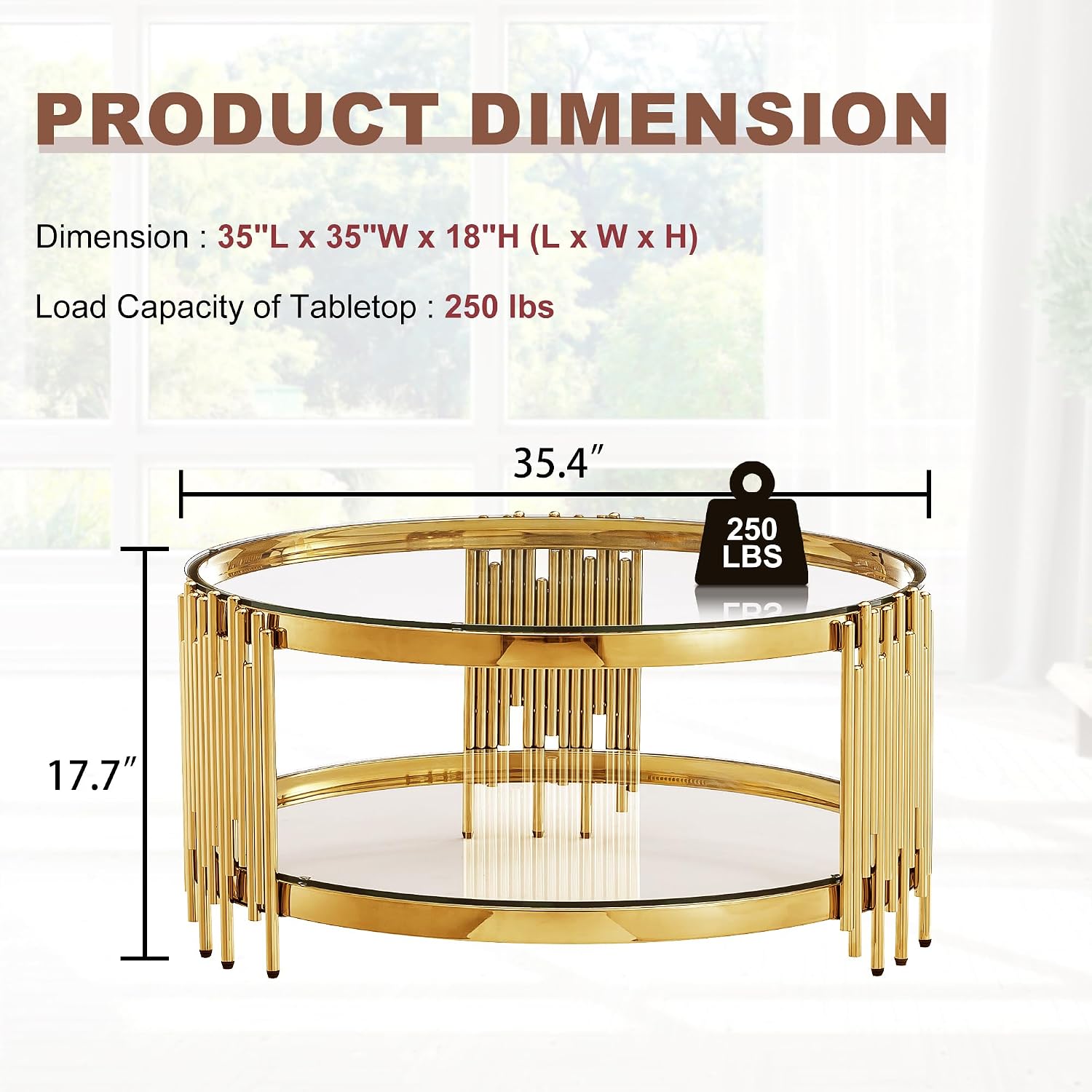 2-Tier Glass Coffee Table for Living Room, 35 inch Round Center Table with Tempered Glass Top and Stainless Steel Frame for Apartment, Home, Easy Assembly, Gold/Clear