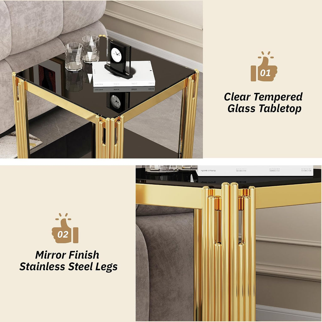 AF ARTISAN FURNITURE 2-Tier Glass End Table Modern Square Living Room Table Sofa Side Table, Stainless Steel Metal Leg Tempered Glass Small Corner Table, Black&Gold