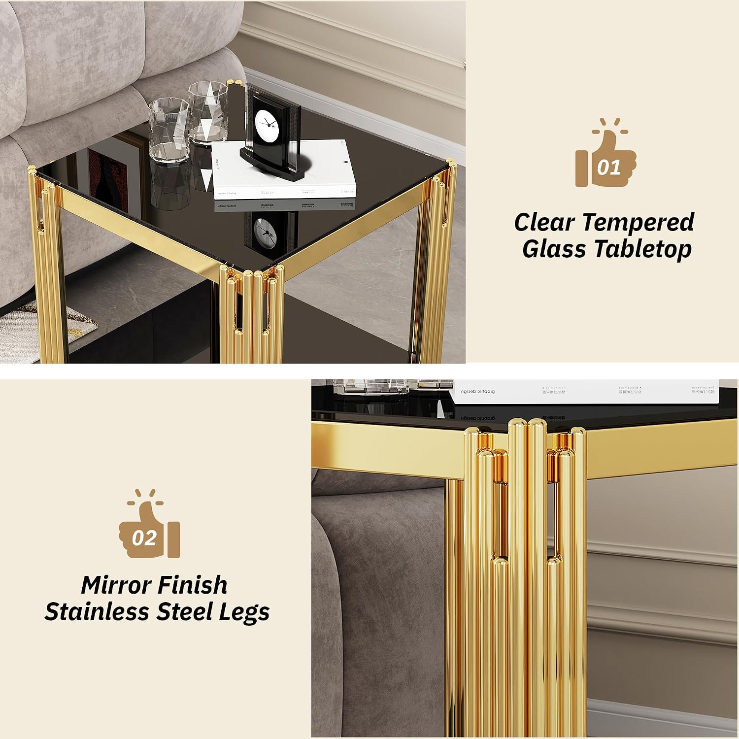 AF ARTISAN FURNITURE 2-Tier Glass End Table Modern Square Living Room Table Sofa Side Table, Stainless Steel Metal Leg Tempered Glass Small Corner Table, Black&Gold
