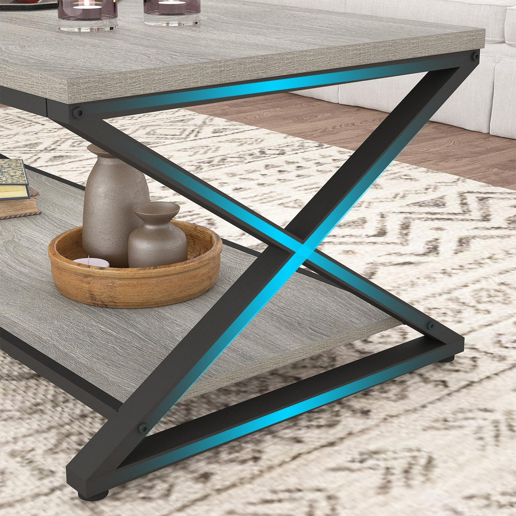 HSH Rustic Grey Coffee Table, Modern Minimalist Living Room Table with Storage Shelf, Industrial Simple Metal Wooden Center Table, 2 Tier Rectangle Cocktail Tea Table for Home Office Bedroom, 39 Inch