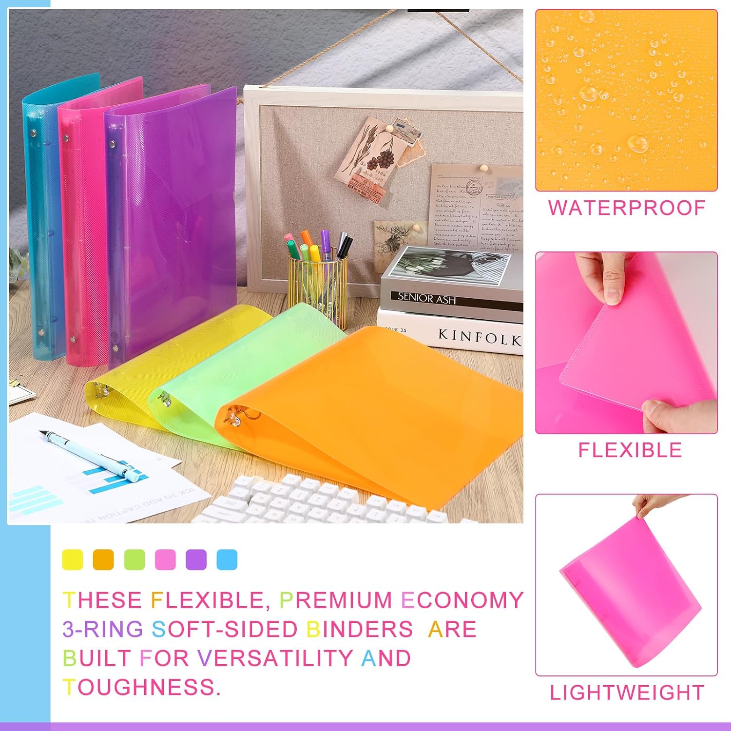 Fulmoon 48 Pack 3 Ring Plastic Binders 1 Inch Bulk with 2 Pockets, Flexible Binder Loose Leaf Hardcover, Fit 12' x 10' US Letter Size Paper, for School Office Home, 6 Colors (Bright)