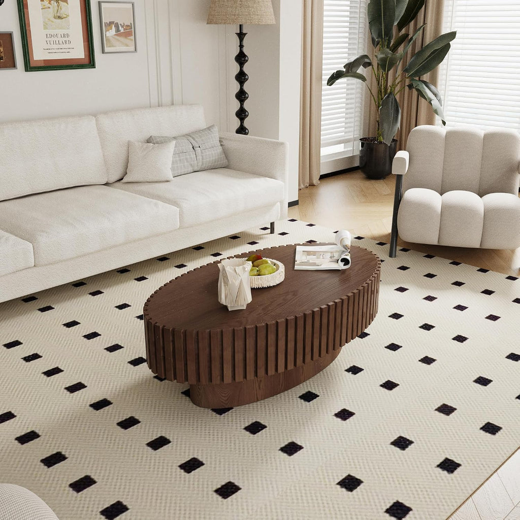 Oval Fluted Coffee Table Drum Coffee Tables for Living Room Modern Pedestal Center Table (Oval Brown 43.3in)