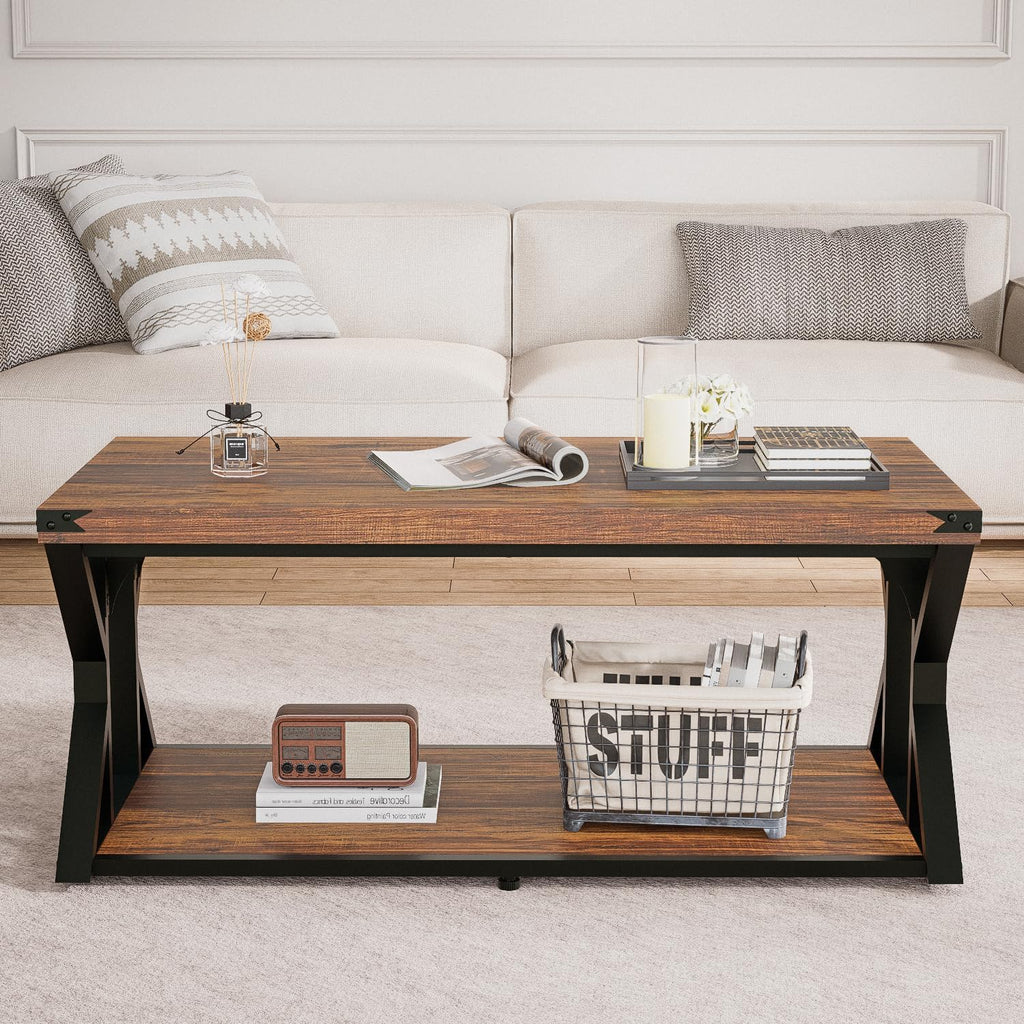 43 Inch Industrial Coffee Table, 2-Tier Rectangle Center Table with Storage Shelf, Wood and Metal Cocktail Table for Living Room, Rustic Brown