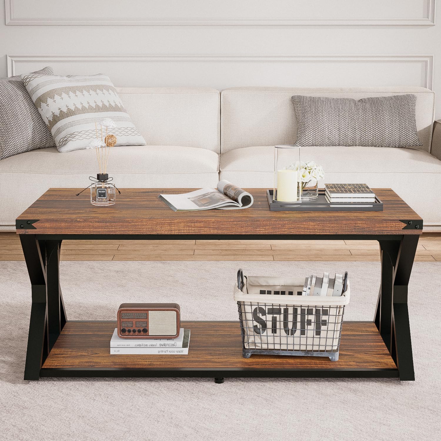 43 Inch Industrial Coffee Table, 2-Tier Rectangle Center Table with Storage Shelf, Wood and Metal Cocktail Table for Living Room, Rustic Brown