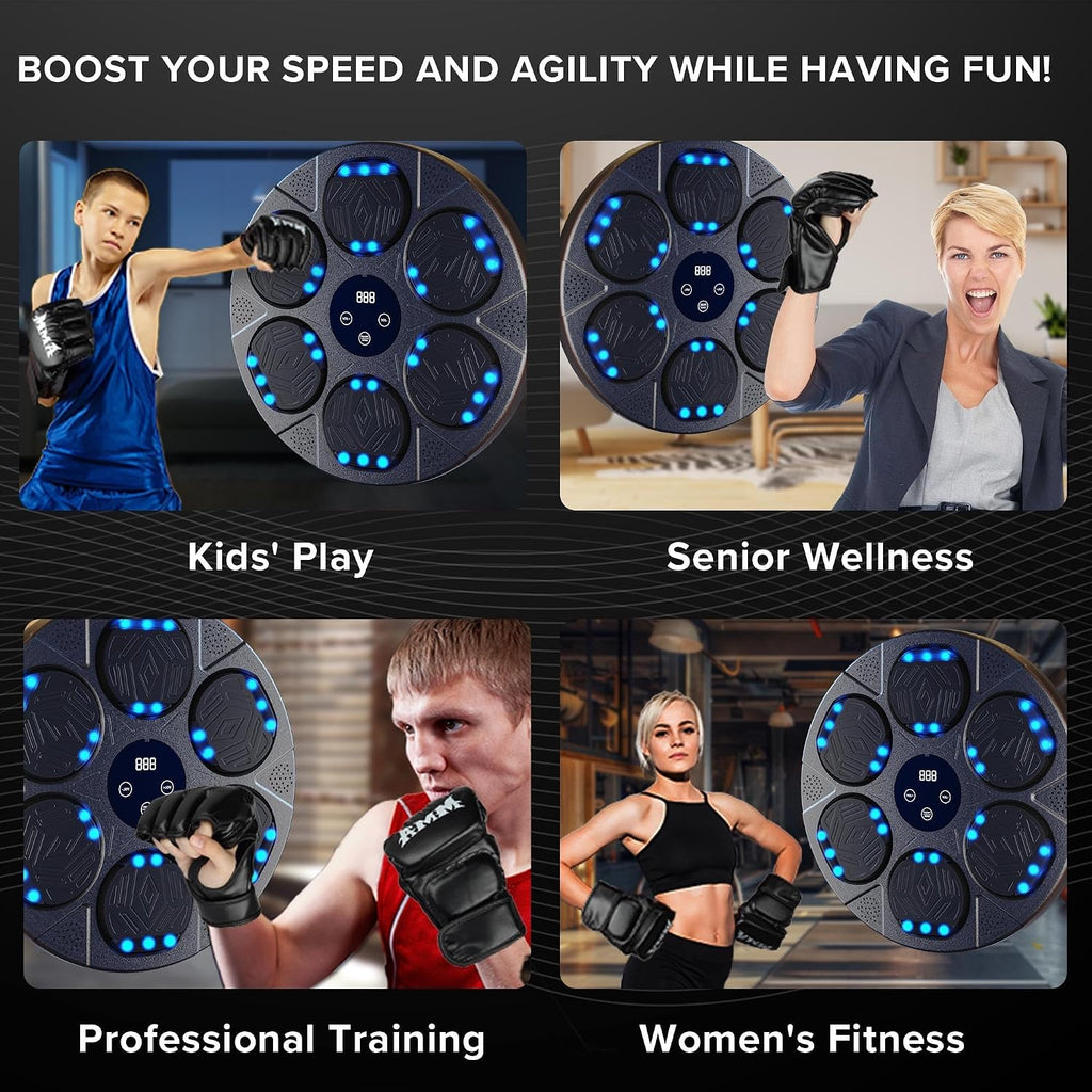 Music Boxing Machine Wall Mounted Smart Boxing Kit with 2 Pairs Gloves | 6 Light-Up Targets, Bluetooth Speaker, Reaction Training, 2 Pairs Gloves, Headbands & Towels Included