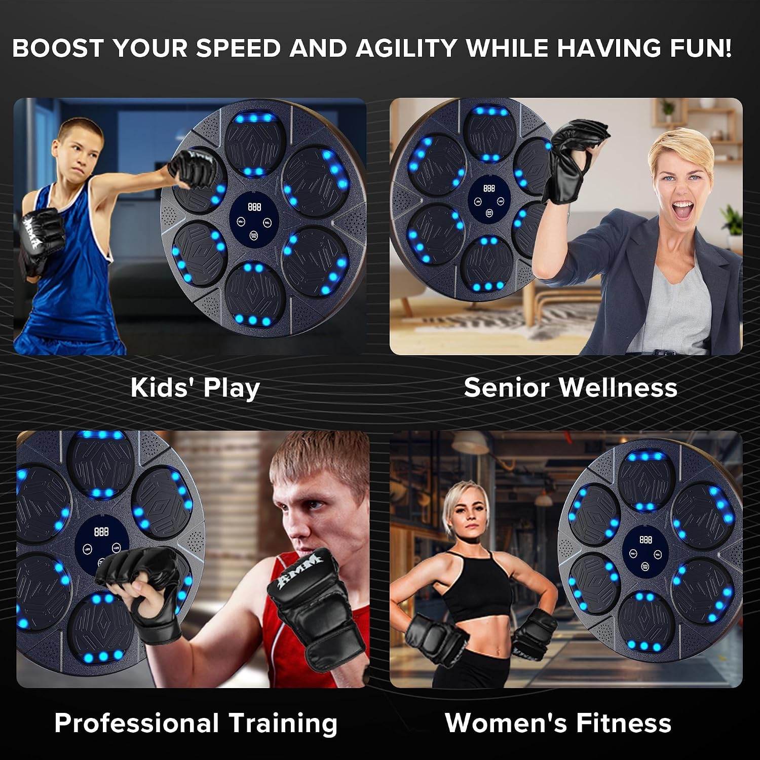 Music Boxing Machine Wall Mounted Smart Boxing Kit with 2 Pairs Gloves | 6 Light-Up Targets, Bluetooth Speaker, Reaction Training, 2 Pairs Gloves, Headbands & Towels Included