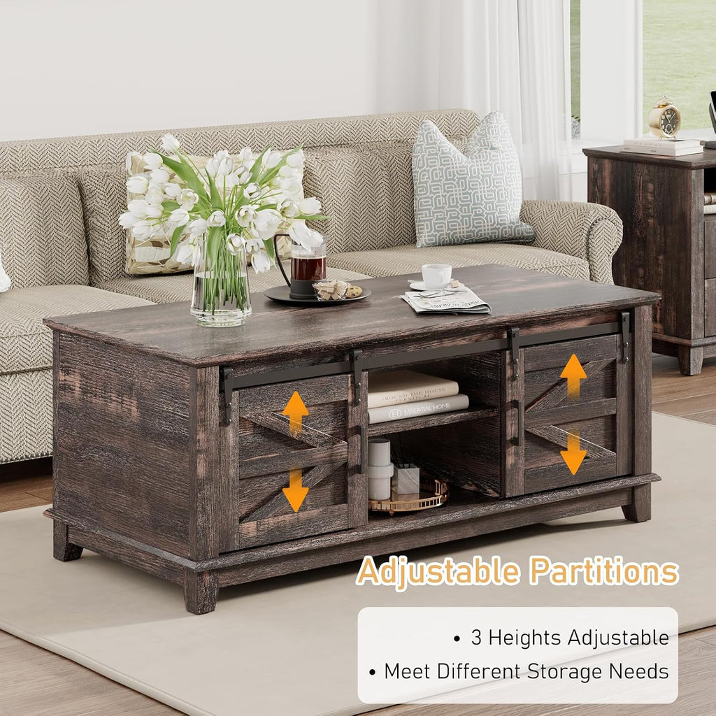 LUXOAK Farmhouse Table Set of 3, Coffee Table with Sliding Barn Doors, End Tables Set of 2 with Charging Station for Living Room & Bedroom, Sliding Barn Doors, 2 Tiers Storage Drawer, Dark Rustic Oak