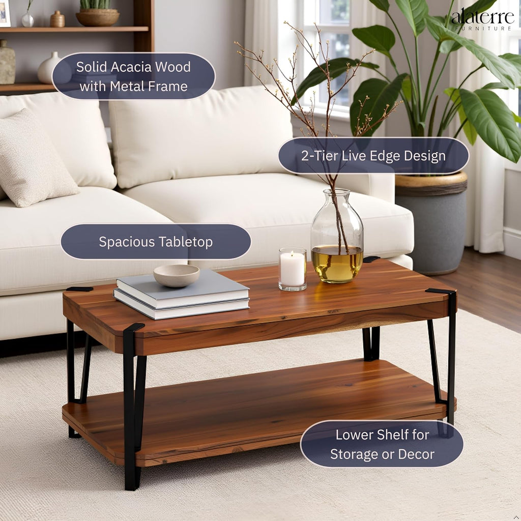 Ryegate 42-Inch Coffee Table – Solid Acacia Wood Live Edge Top with Lower Shelf and Metal Frame Base – Rustic Industrial Modern Living Room Center Table by Alaterre Furniture (Natural)