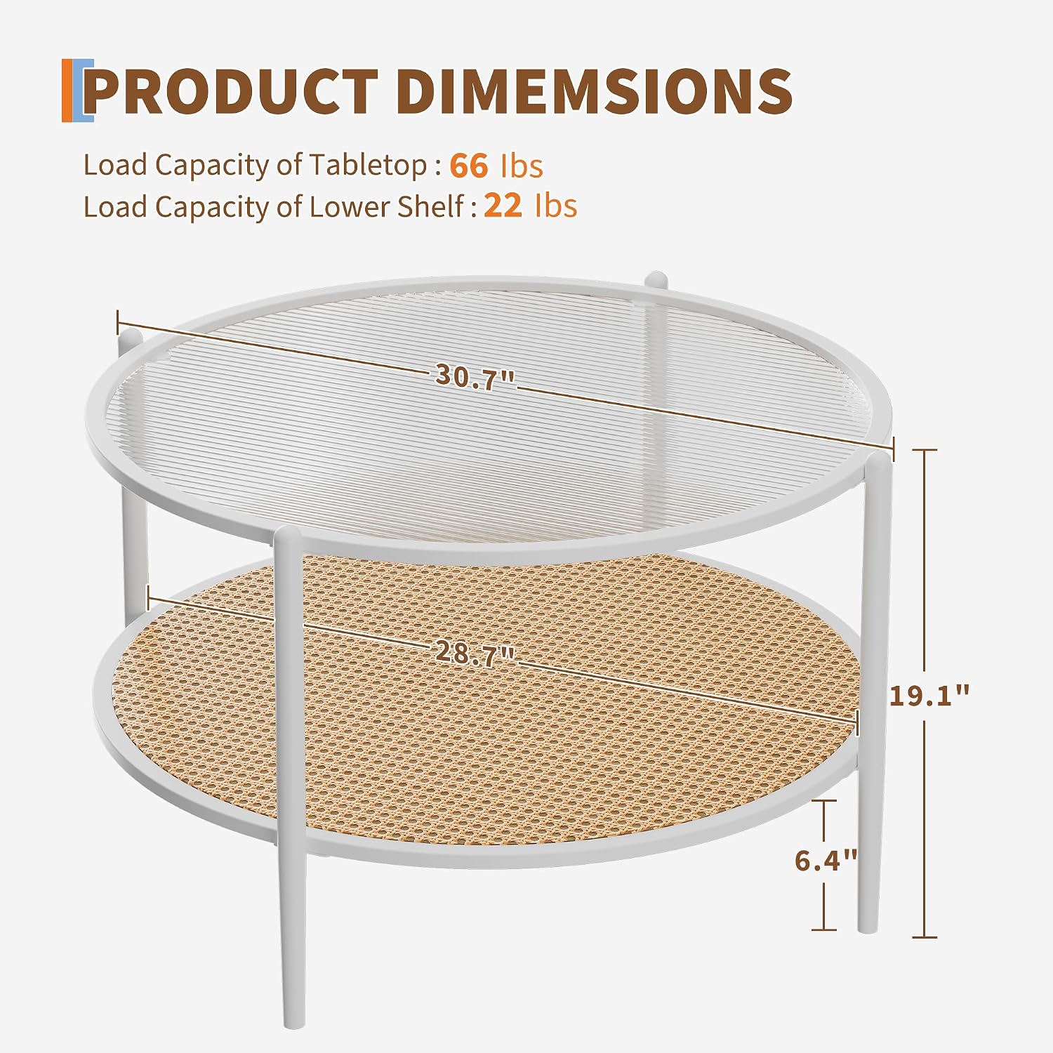 30' Round Rattan Coffee Table, 2-Tier White Gold Glass Storage Center Table for Living Room, Modern Circle Small Round Coffee Table with Tempered Water-Wave Glass Top & Metal Frame for Bedroom, Office