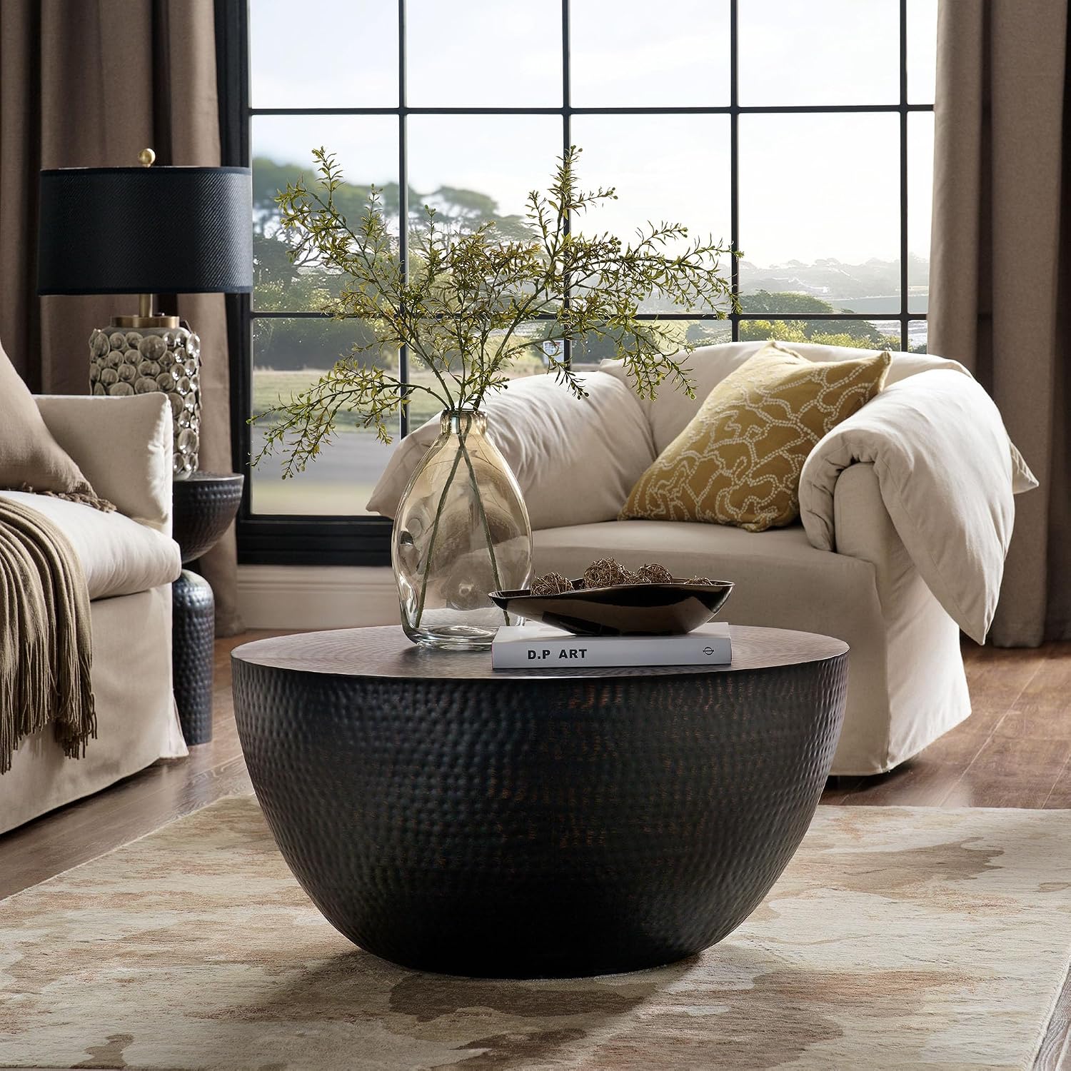 Modway Mella Metal Hammered 32 Inch Coffee Table in Black – Modern Living Room Drum Center Coffee Table