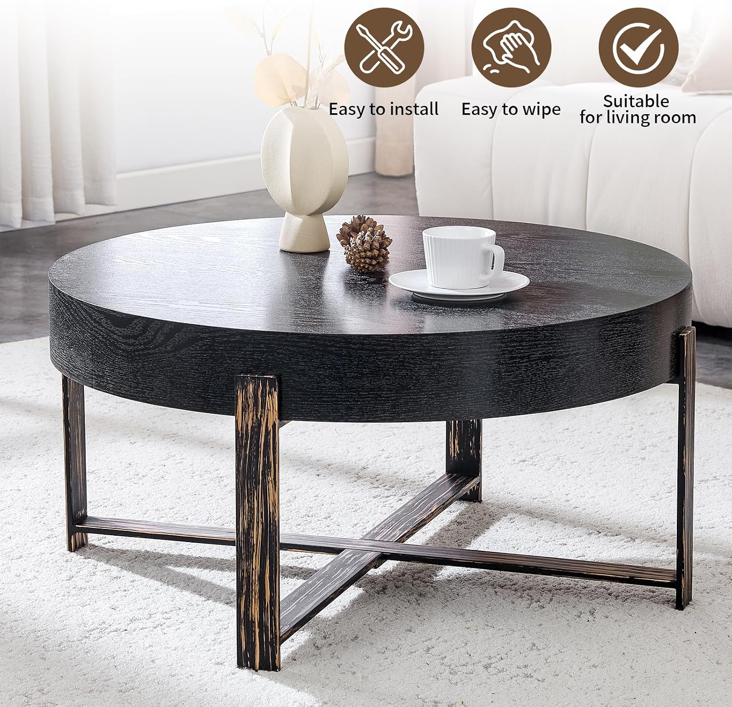 Round Coffee Table, Small Wood Coffee Table with Storage, Modern Mid Century Metal Circle Tables Accent Center Tables for Living Room Apartment Small Space (31.5''D-Black)