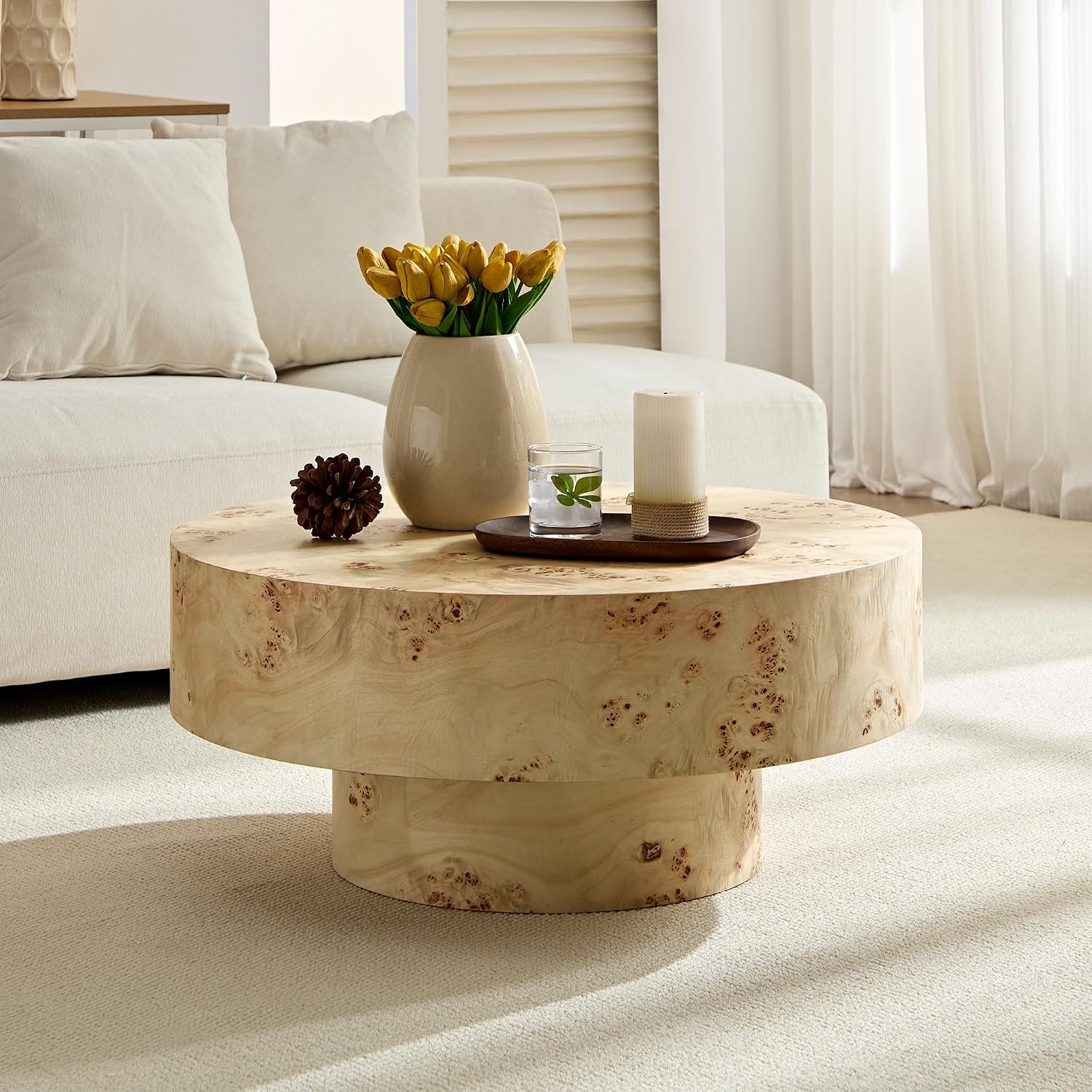 Round Coffee Table, 31.49' Modern Burl Wood Veneer Coffee Table with Pedestal, Circular Center Table Accent Side Table for Living Room Apartment, Oak